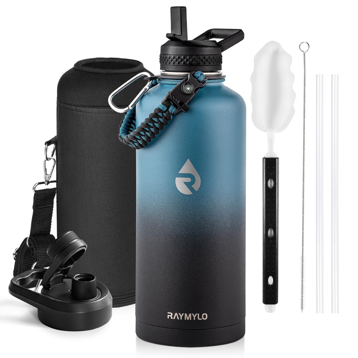 Insulated Water Bottle 64 oz, Triple Wall Vacuum Stainless Steel (Cold for 48 Hrs), Leak Proof & Non-BPA, Half Gallon Water Flask Jug with Paracord Handle & Straw Spout Lids