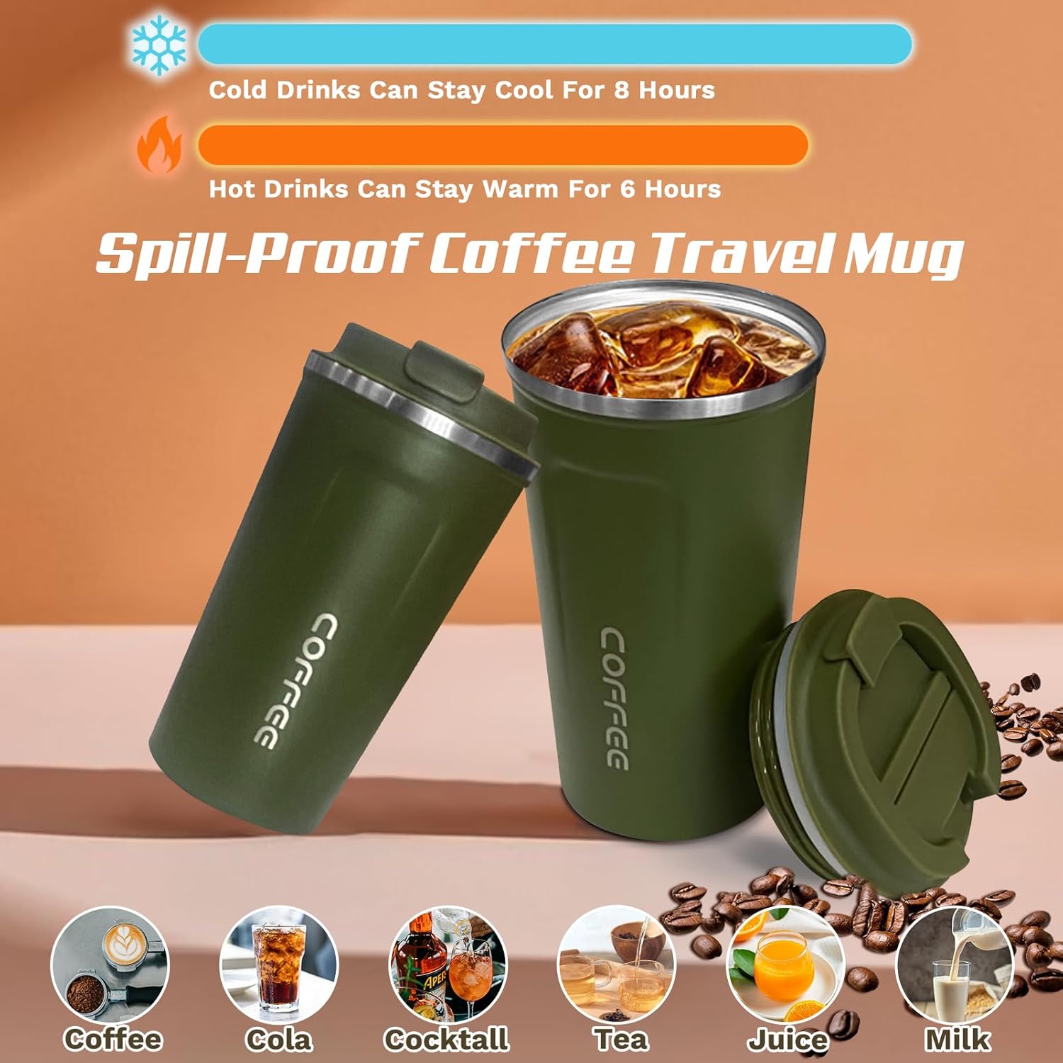 Travel coffee mugs leak-proof, reusable coffee cups with lids, stainless steel vacuum insulated coffee tumblers, thermal insulation cups for men & women keep drinks hot & cold(2nd-Green, 12OZ)