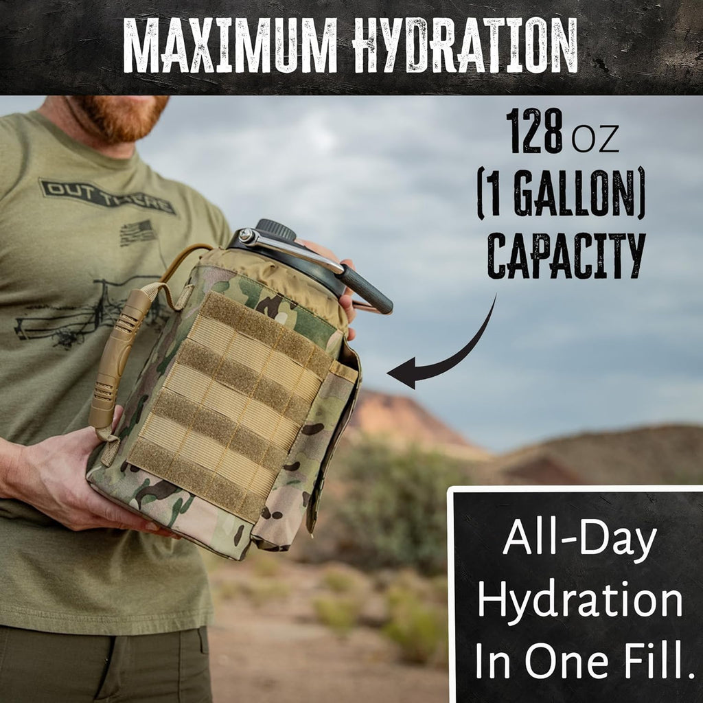 Iron Infidel Battle Bottle - One Gallon Insulated Water Bottle with Dual Carry Handles - 128 oz Tactical Stainless Steel Water Jug & Rugged Extra Large Sleeve With Storage (OCP Camo 128 Ounces)