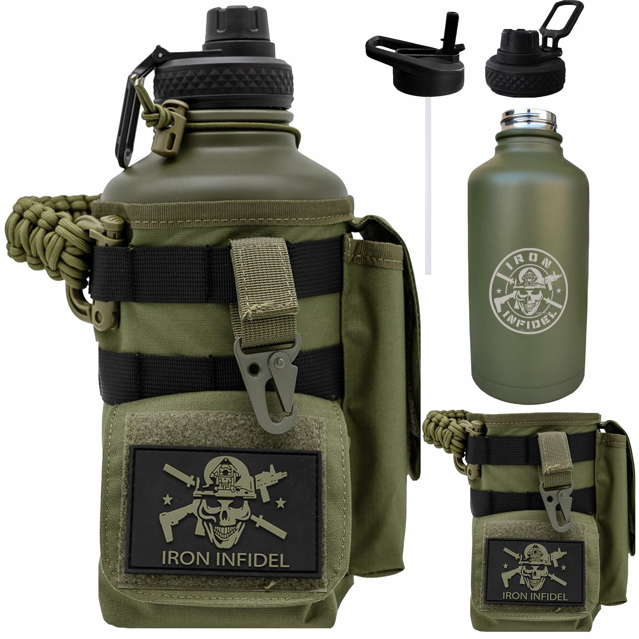Iron Infidel Battle Bottle - One Gallon Insulated Water Bottle with Dual Carry Handles - 128 oz Tactical Stainless Steel Water Jug & Rugged Extra Large Sleeve With Storage (OCP Camo 128 Ounces)