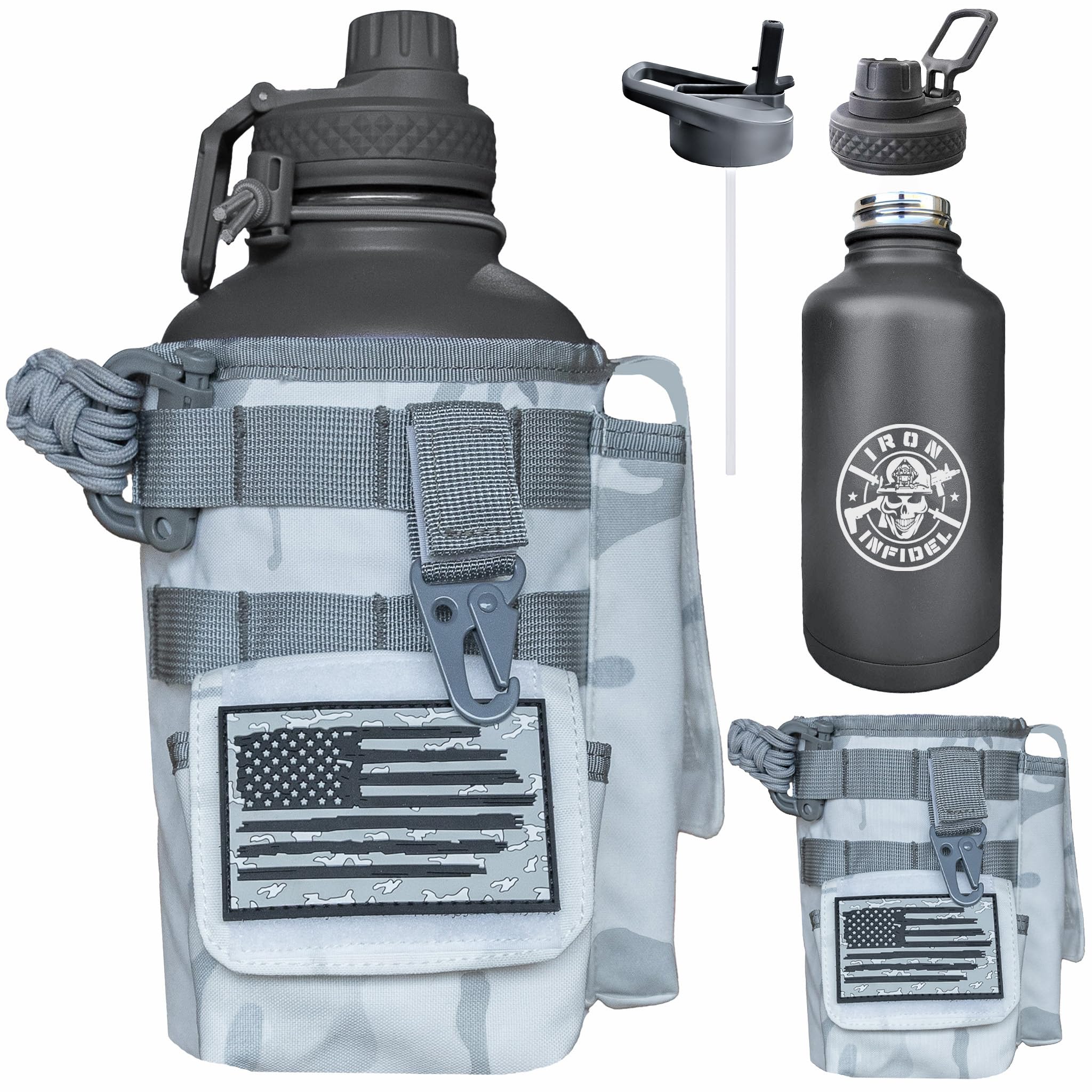 Iron Infidel Battle Bottle - Half Gallon Insulated Water Bottle with Paracord Handle - Large 64 oz Stainless Steel Water Jug & Rugged, Removable Sleeve For Keys, Wallet, Phone (Black Camo 2 Liter)