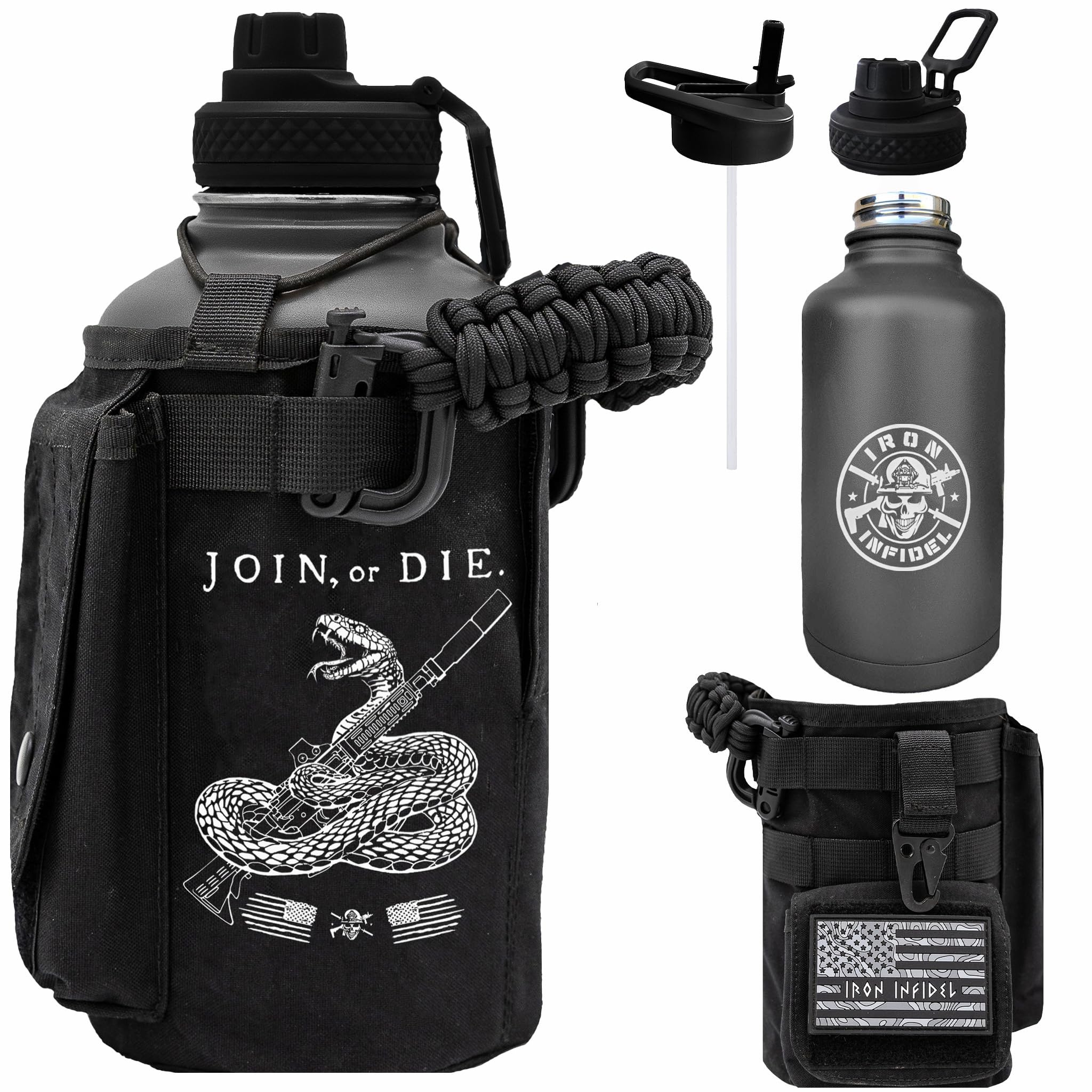 Iron Infidel Battle Bottle - One Gallon Insulated Water Bottle with Dual Carry Handles - 128 oz Tactical Stainless Steel Water Jug & Rugged Extra Large Sleeve With Storage (OCP Camo 128 Ounces)