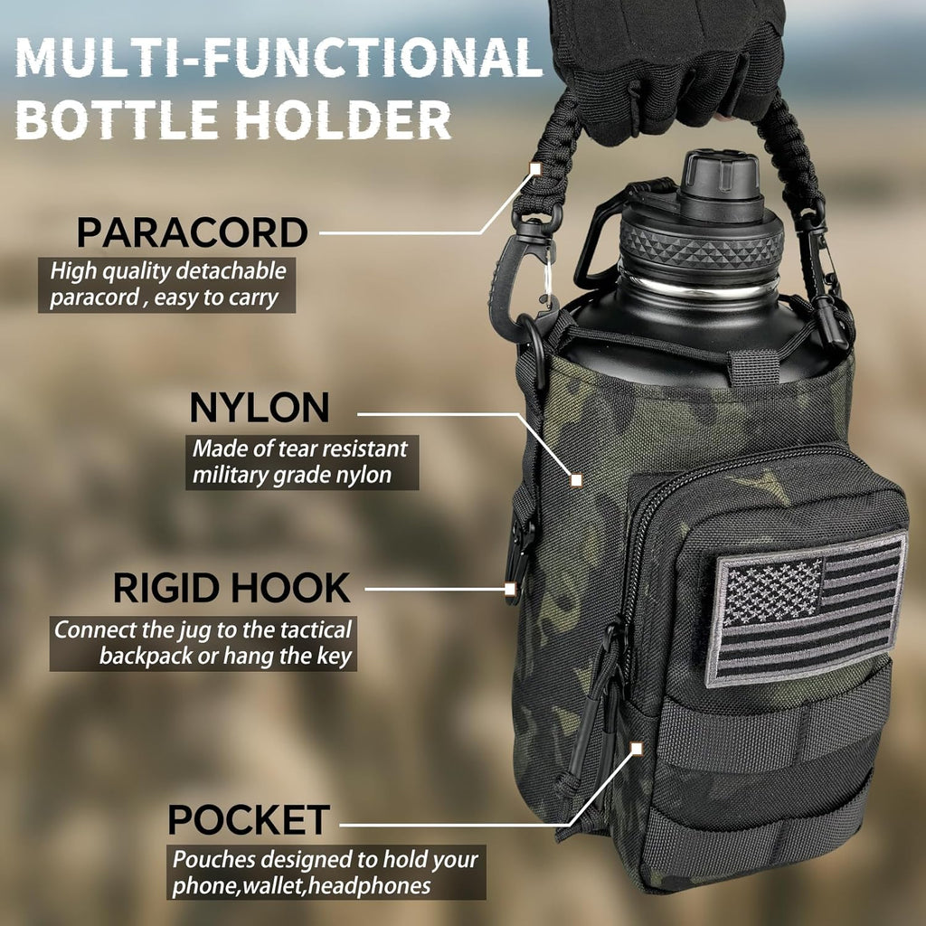 Half Gallon Water Bottle Insulated with Sleeve - Tactical 64 oz Stainless Steel Water Jug with MOLLE Water Bottle Pouch, Gym Water Bottles for Men Hiking Workout (Black Camo)