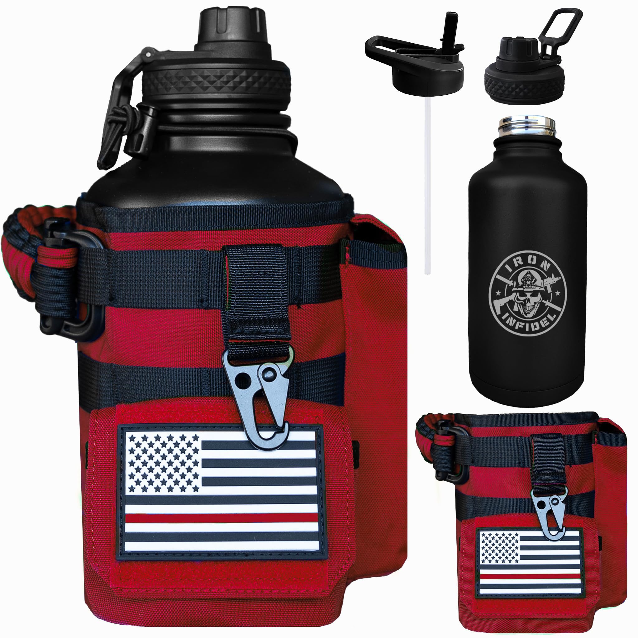 Iron Infidel Battle Bottle - Half Gallon Insulated Water Bottle with Paracord Handle - Large 64 oz Stainless Steel Water Jug & Rugged, Removable Sleeve For Keys, Wallet, Phone (Black Camo 2 Liter)