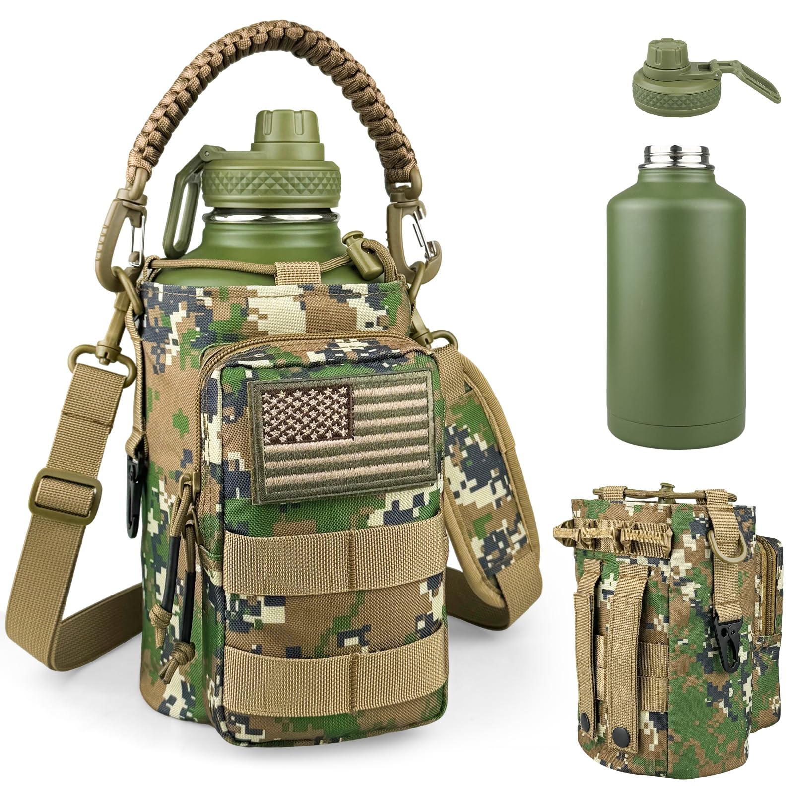 Half Gallon Water Bottle Insulated with Sleeve - Tactical 64 oz Stainless Steel Water Jug with MOLLE Water Bottle Pouch, Gym Water Bottles for Men Hiking Workout (Black Camo)