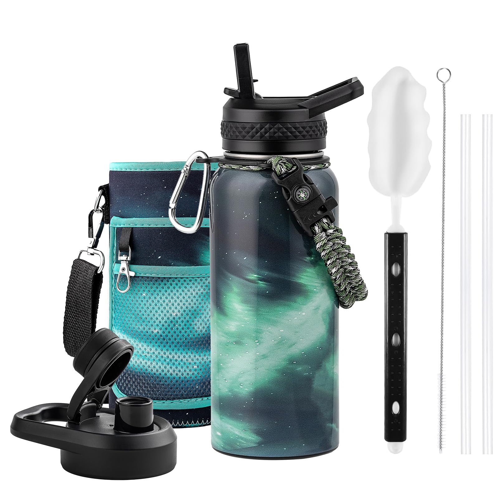 Insulated Water Bottle 64 oz, Triple Wall Vacuum Stainless Steel (Cold for 48 Hrs), Leak Proof & Non-BPA, Half Gallon Water Flask Jug with Paracord Handle & Straw Spout Lids