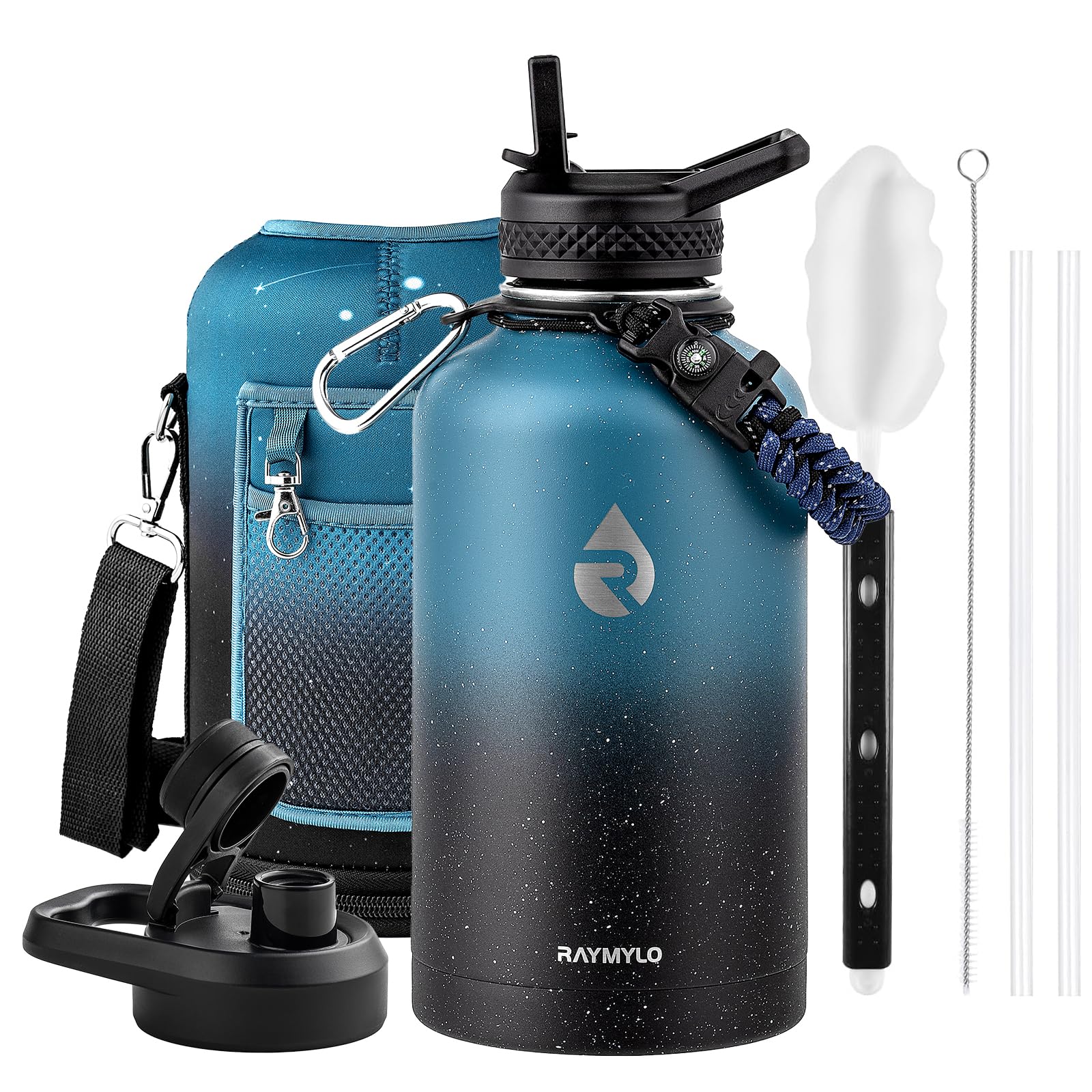 Insulated Water Bottle 64 oz, Triple Wall Vacuum Stainless Steel (Cold for 48 Hrs), Leak Proof & Non-BPA, Half Gallon Water Flask Jug with Paracord Handle & Straw Spout Lids