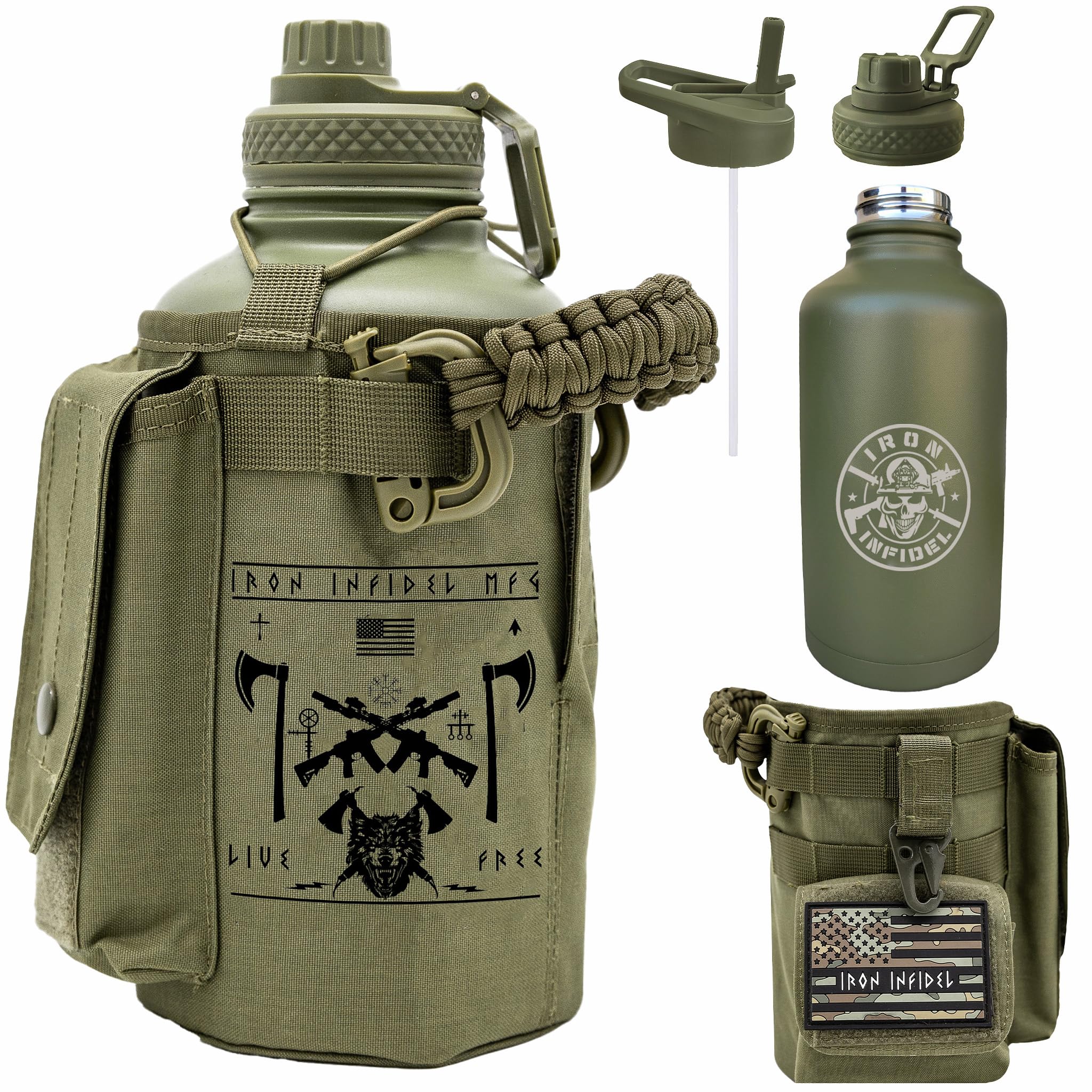 Iron Infidel Battle Bottle - One Gallon Insulated Water Bottle with Dual Carry Handles - 128 oz Tactical Stainless Steel Water Jug & Rugged Extra Large Sleeve With Storage (OCP Camo 128 Ounces)