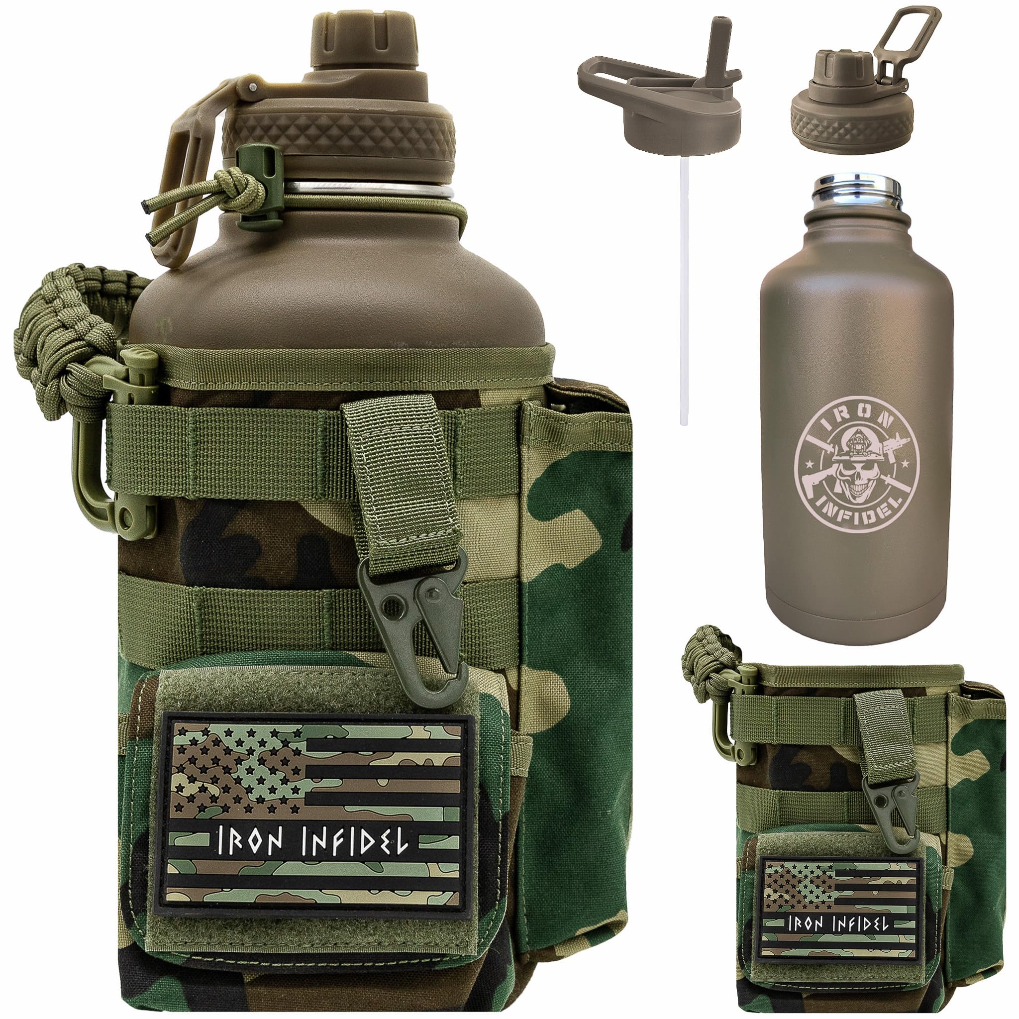 Iron Infidel Battle Bottle - Half Gallon Insulated Water Bottle with Paracord Handle - Large 64 oz Stainless Steel Water Jug & Rugged, Removable Sleeve For Keys, Wallet, Phone (Black Camo 2 Liter)