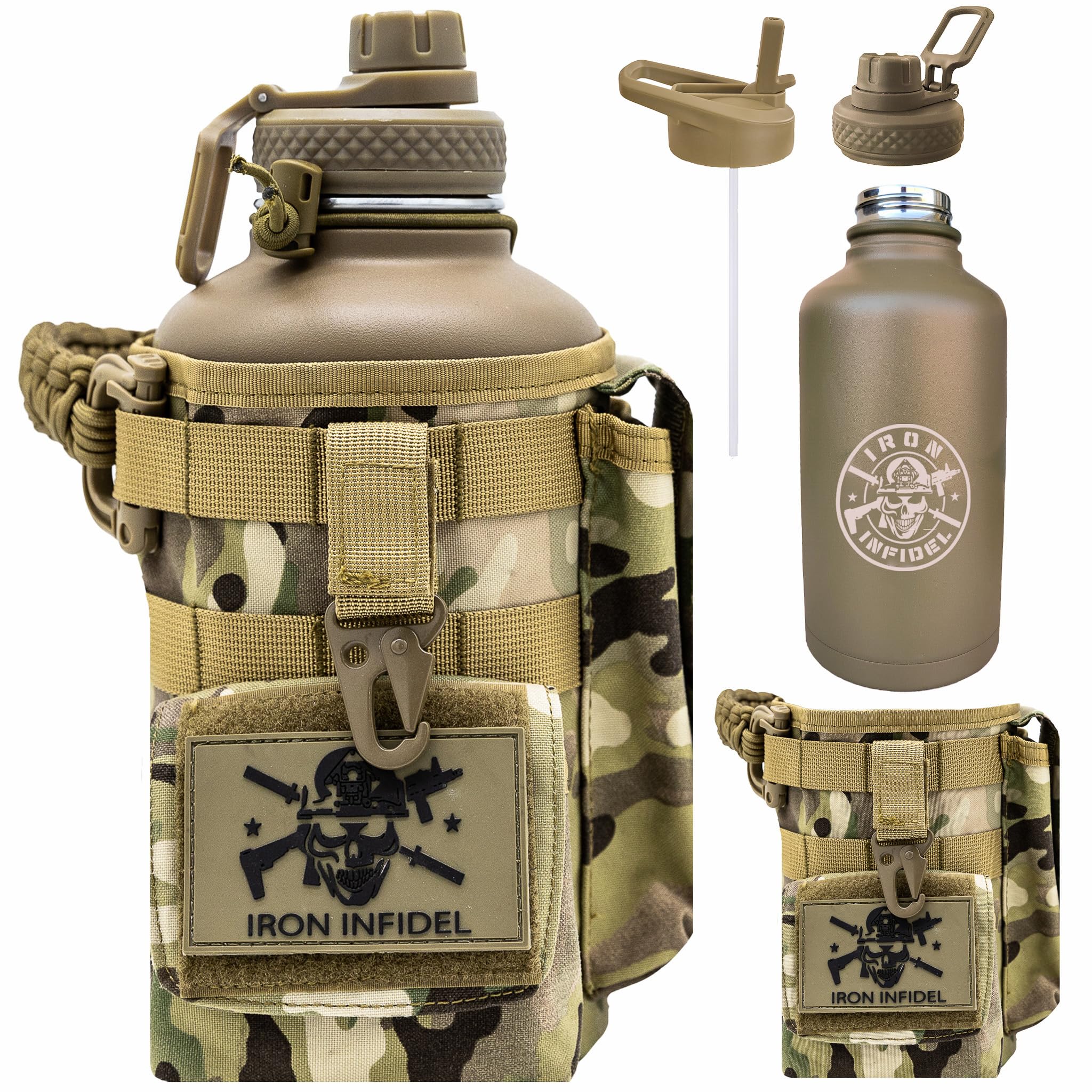 Iron Infidel Battle Bottle - Half Gallon Insulated Water Bottle with Paracord Handle - Large 64 oz Stainless Steel Water Jug & Rugged, Removable Sleeve For Keys, Wallet, Phone (Black Camo 2 Liter)